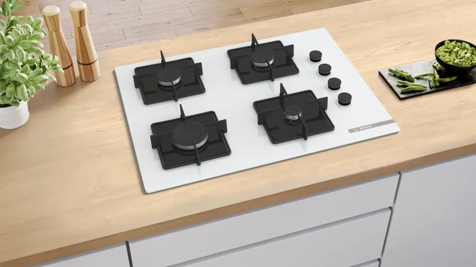 Bosch Serie 4 Gazlı Ankastre Ocak 67 cm Sert Cam Beyaz POP7C2P31O