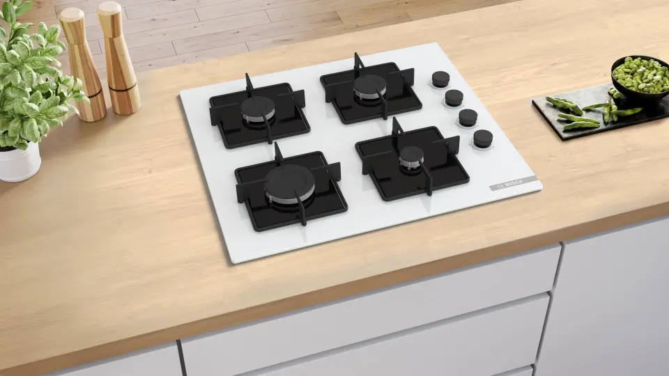 Bosch Serie 4 Gazlı Ankastre Ocak 60 cm Sert Cam Beyaz POP6C2P31O
